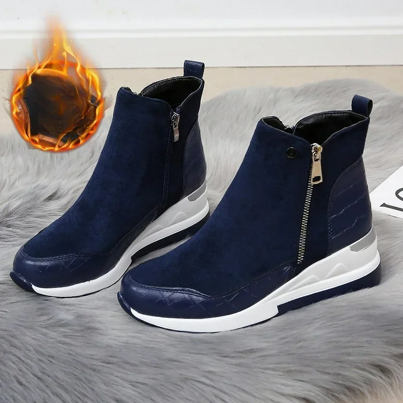 Botas femininas da moda inverno alta superior sapatos de plataforma cunha lado zíper estilo inverno pelúcia quente botas exteriores