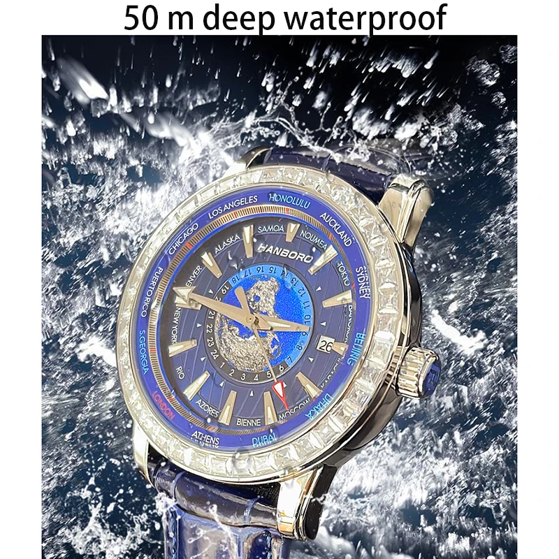 HANBORO Earth Globe Man Watch Watch Calendar Wristwatches Crystal Diamond Mechanic Watches For Men Fashion Orologio