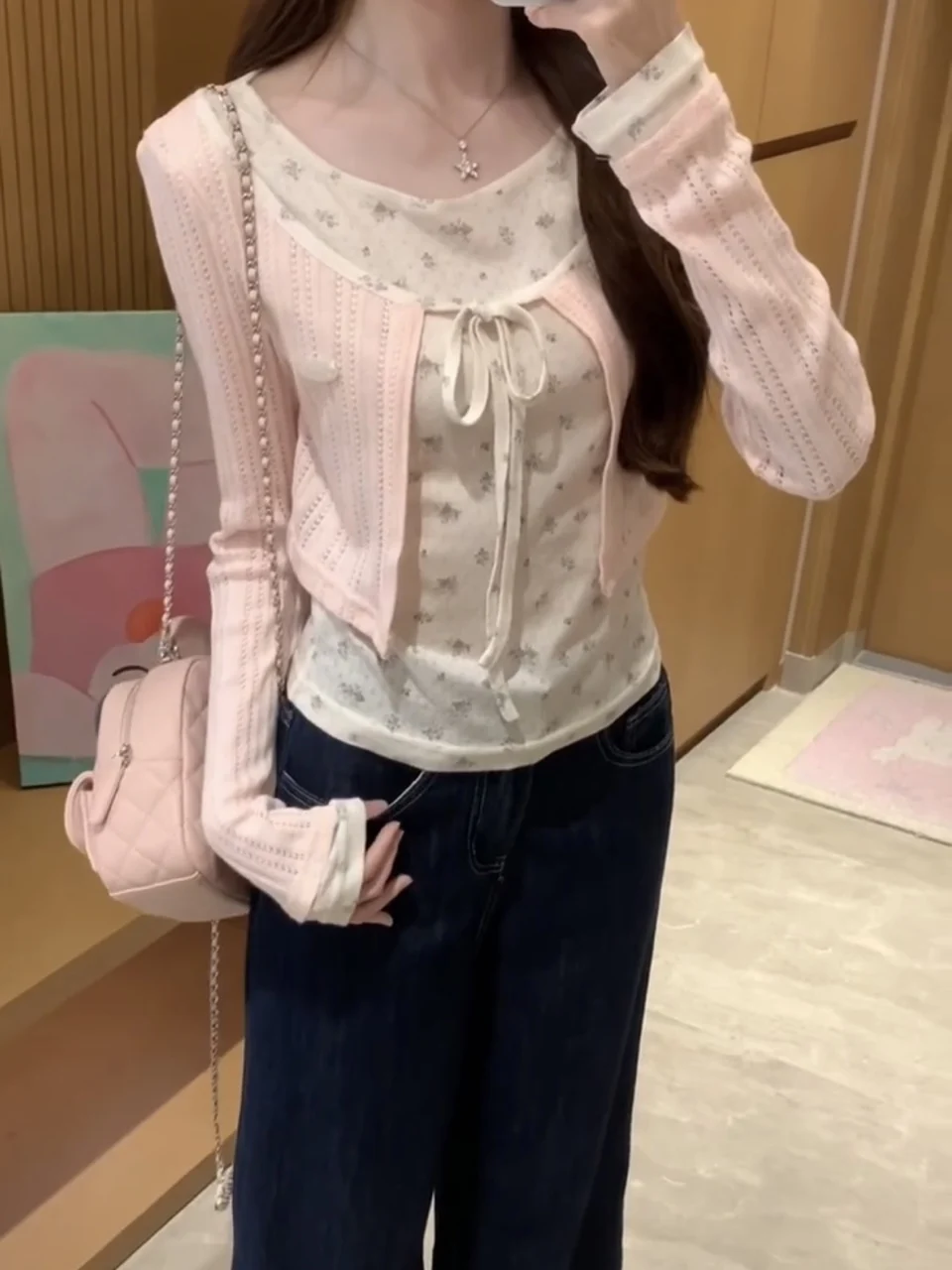 Cardigan Floral Coreano de Malha para Mulheres, Estilo Slim, Top Longo de Cor Blo, Moda Feminina