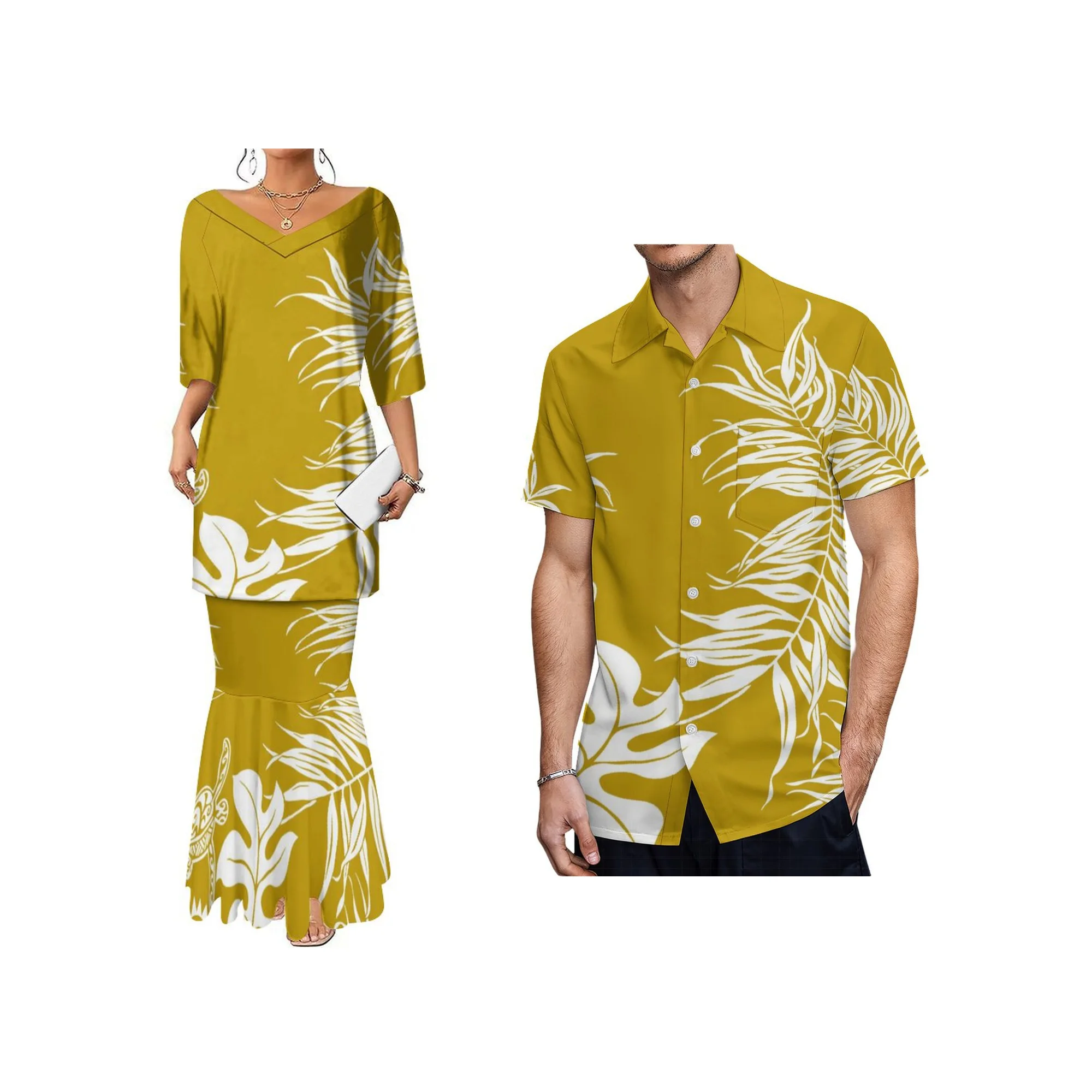 Dropshipping Customized 2 Pcs Fishtail Skirt and Top Set Dress Polynesian Tribal Design V Neck Half Sleeve Samoa Puletasi