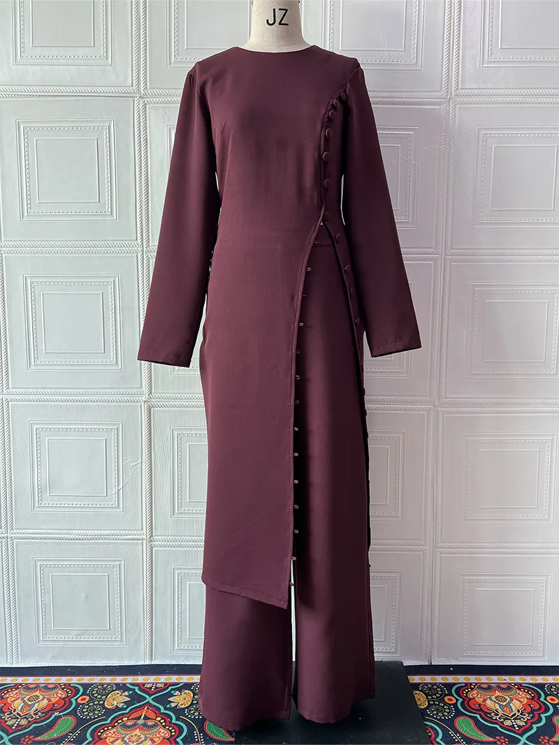 Ramadan Eid Mubarak Muslim Set Kaftan Abaya Dubai Turkey 2 Piece Sets Dress Pant Set Islam Clothing for Women Musulman Ensembles