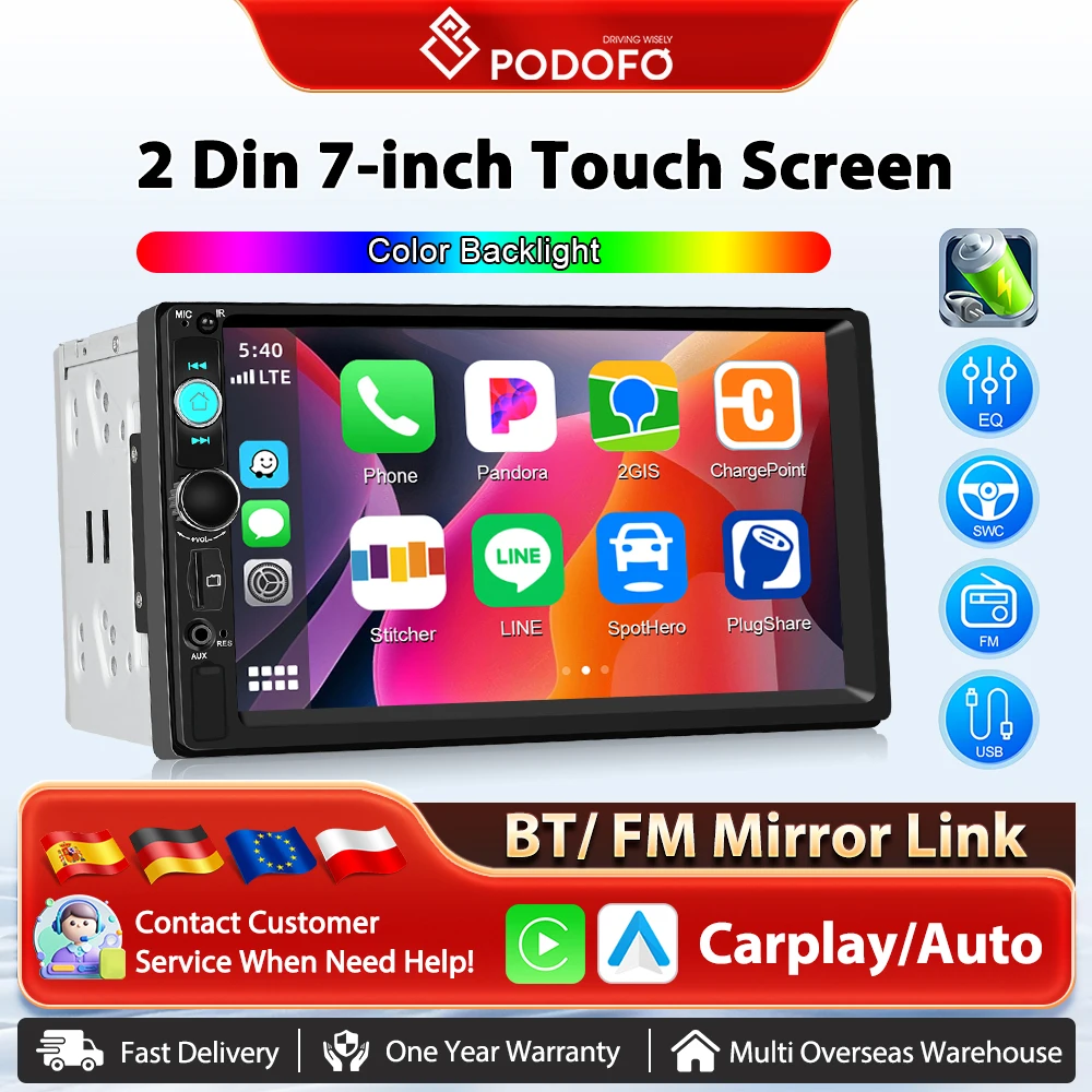 Podofo Drahtlose Carplay Android Auto Auto MP5 Player 7 zoll 2Din BT EQ Auto Multimedia Player USB FM Mirrorlink DAB audio Stereo
