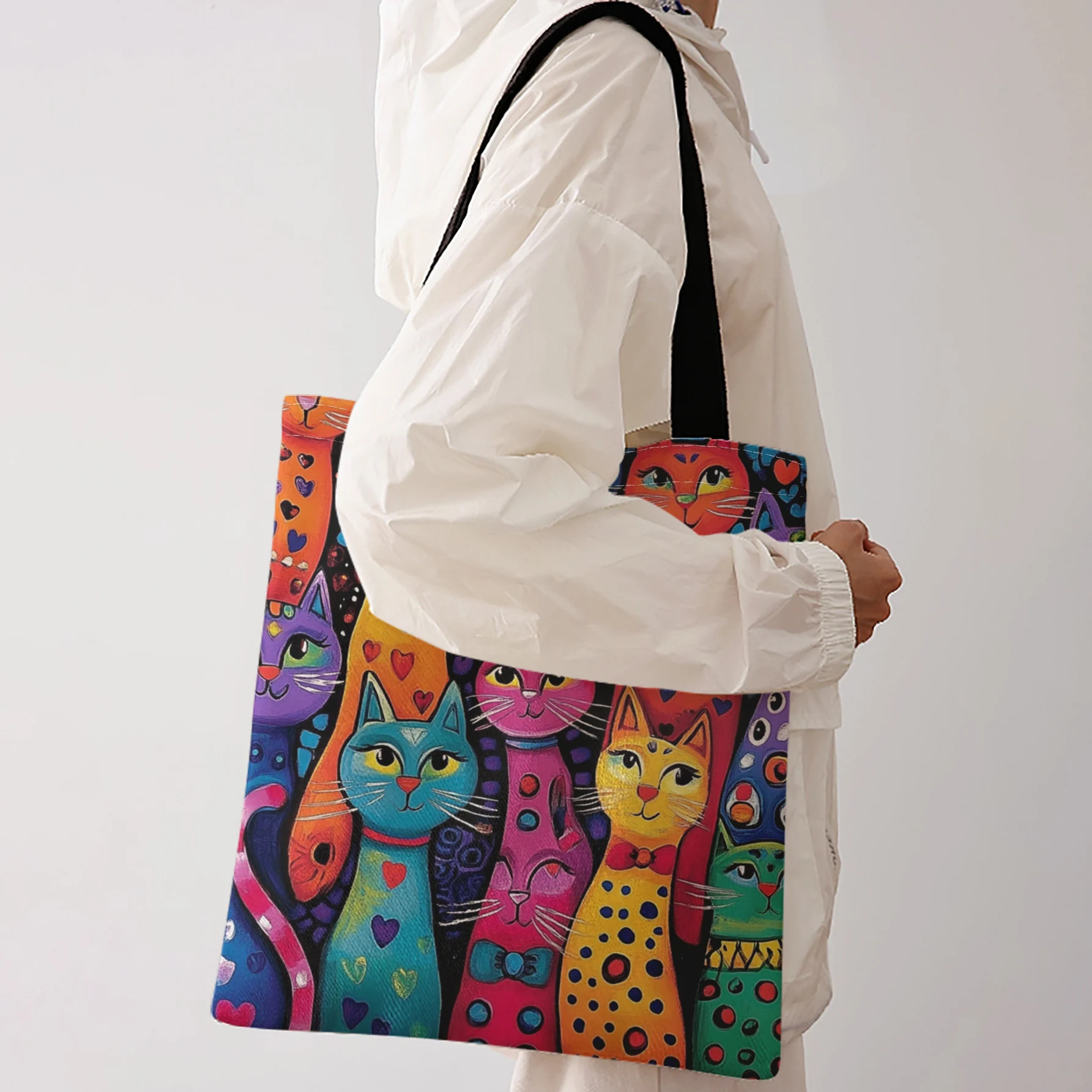 Colorful Abstract Cats With Hearts And Polka Dots Print Tote Bag Large Capacity Shoulder Bag For Shopping Travel Daily Use
