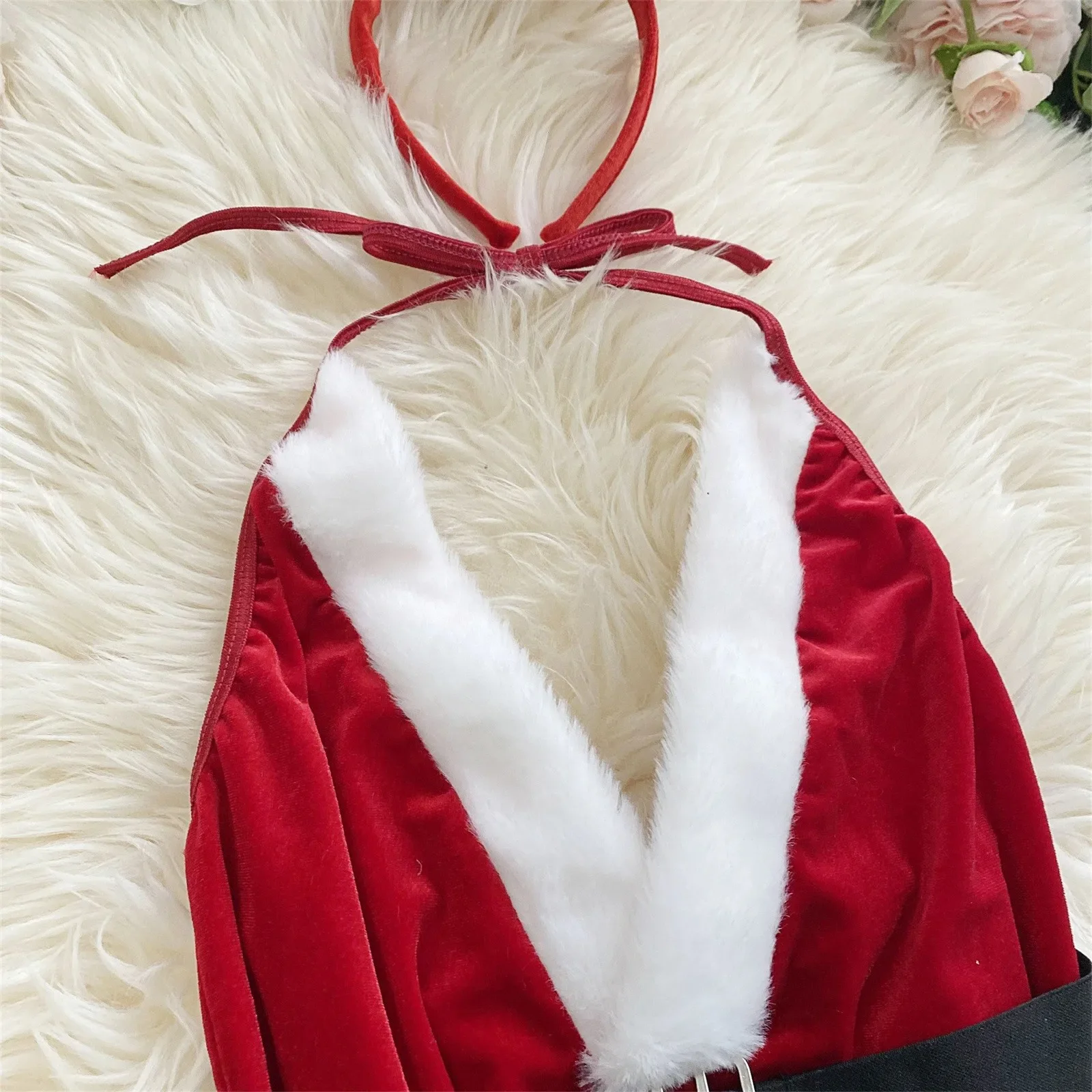 Conjuntos sexys de Navidad para mujer, mono rojo de conejito, lencería y sombrero, ropa interior, conjunto de lencería Sexy para mujer, lencería sexy de femmes