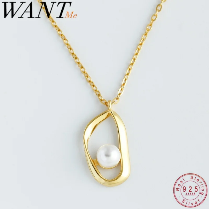 WANTME 925 Sterling Silver Fashion Geometric Synthesize Pearl Clavicle Chain Charms Necklace for Women Elegant Party Jewelry