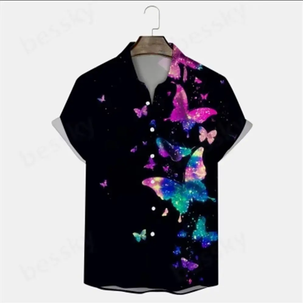 

Men's summer fashion casual beach seaside digital 3D printing lapel button short sleeve shirt T-shirt