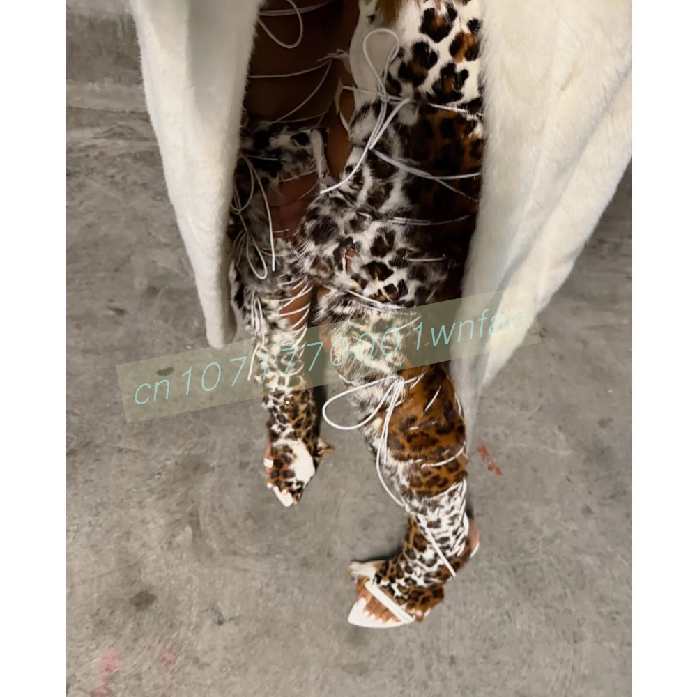 Women'S Leopard Print Faux Fur Thigh High Heeled Sandals Open Toe Lace Up Stiletto Boots For Party Club Evening Formal Events 46