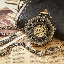 Ramadan Classic Hexagonal Mechanical Pocket Watch FOB Chain Steampunk Roman Dial Skeleton Gold Hollow Steel Men's Pocket Watch
