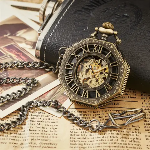 Ramadan klasyczny sześciokątny mechaniczny zegarek kieszonkowy FOB łańcuszek Steampunk rzymska tarcza szkielet złoty pusty stalowy męski zegarek kieszonkowy