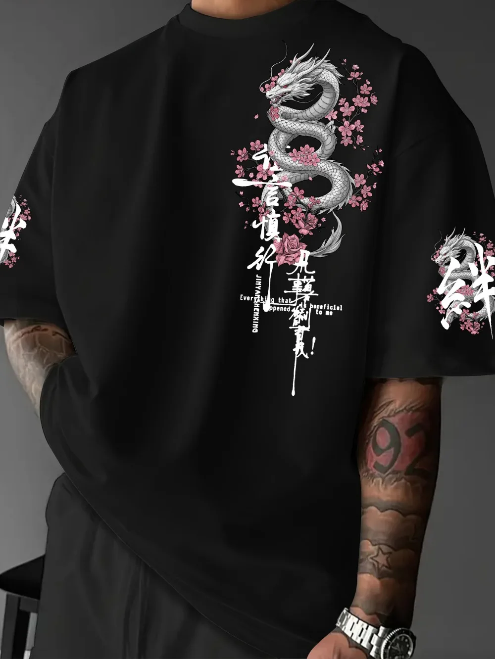 Harajuku Sakura Dragon & Calligraphy 3D-Druck Sport Schnelltrocknend Breatha Herren T-Shirt Outdoor Street Fashion Y2K Eltern-Kind-Kleidung – Detail 4