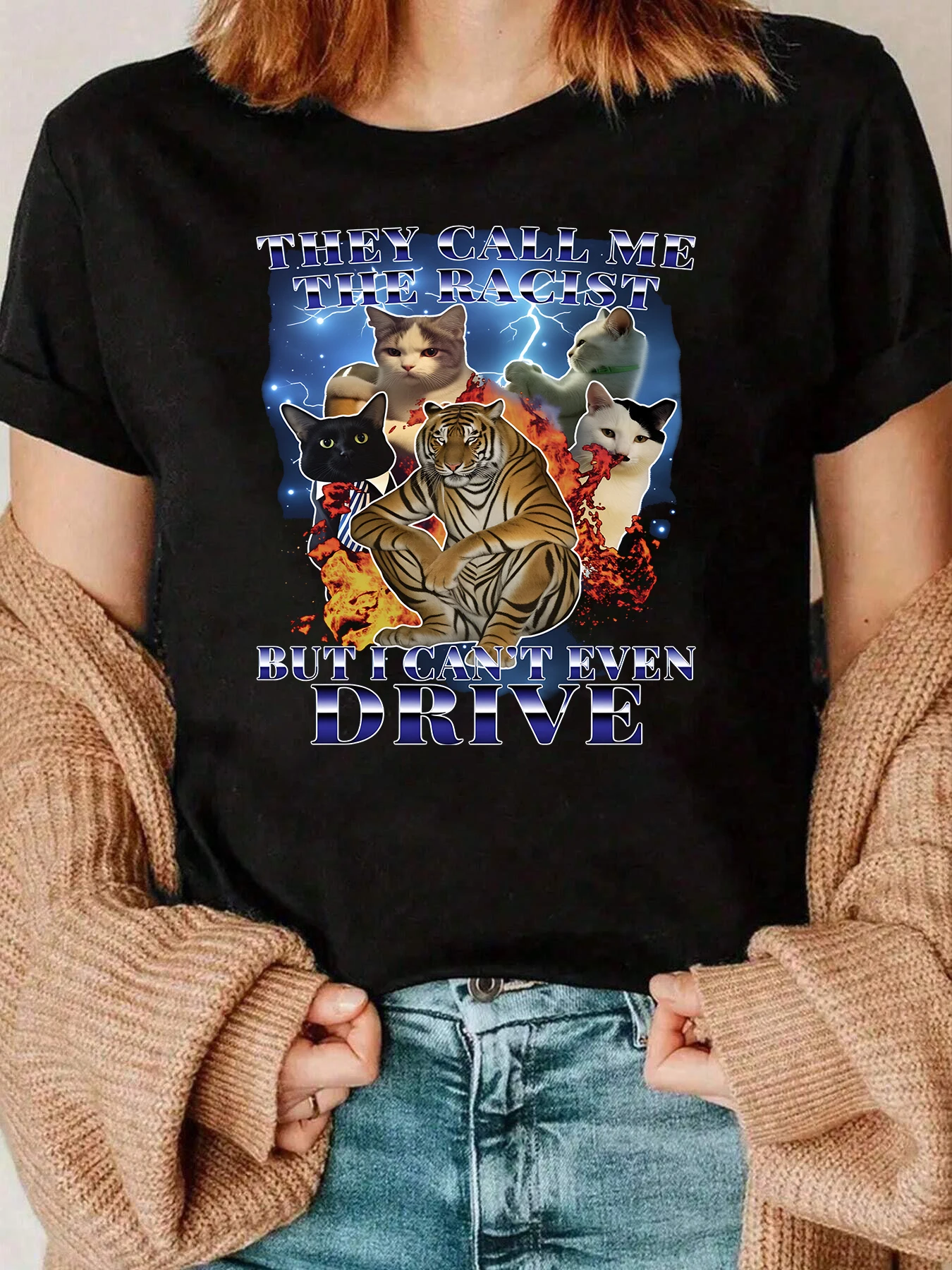 猫と虎のプリント T シャツ 女性用カジュアルウェア 220g