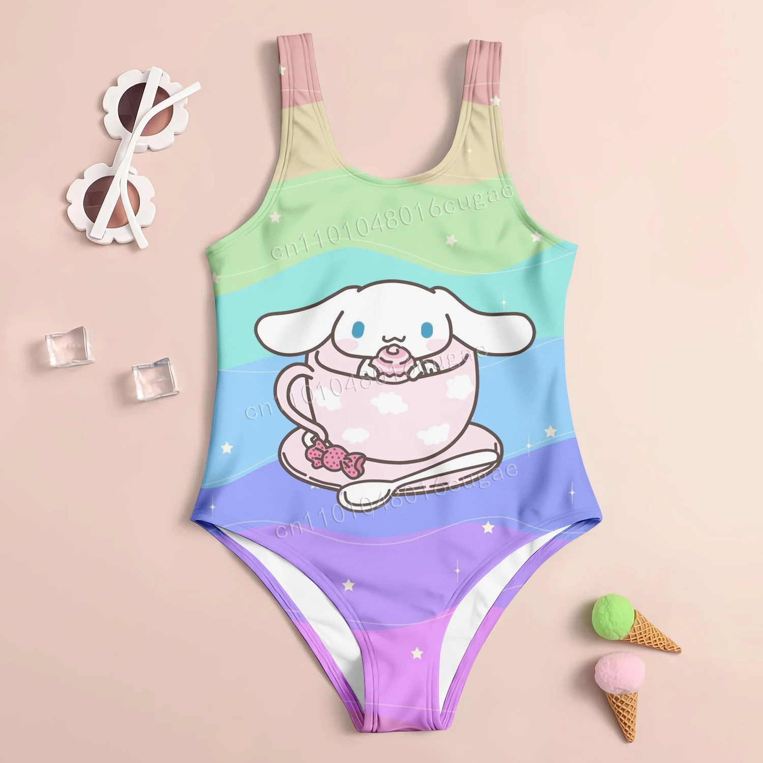 

Cinnamoroll Cartoon Girl's Casual Cute Style Swimsuit Summer Sandy Beach Cartoon Animation Pattern Printed Ventilate Swimsuit