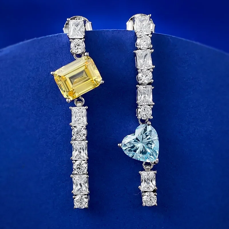 Pendientes de tira larga de color de contraste brillante europeo y americano, pendientes de amor azul marino de diamante amarillo, un par