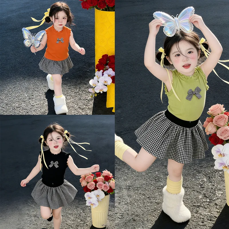 

Girls' Summer VestTPlaid shirt and skirt two-piece set, stylish and fashionable baby outfit