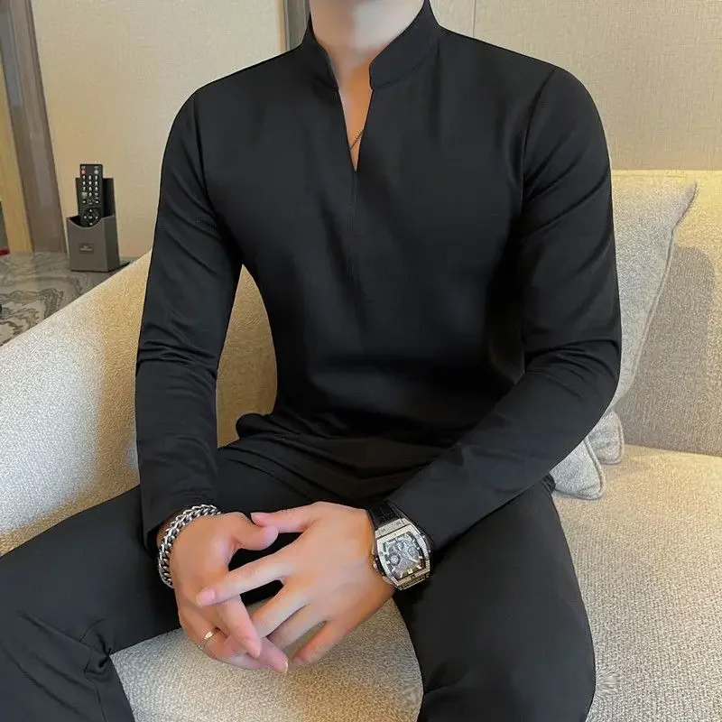 New Chinese Solid Color Slim and Simple Men's T-shirt Stand Collar Elastic Casual V-neck T Base Shirt JJ159