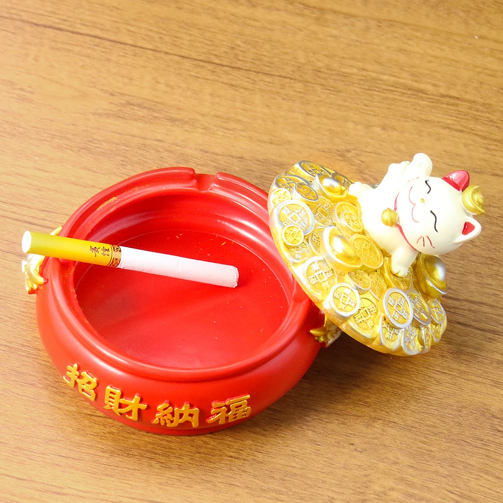 Kawaii Maneki Neko Lucky Cat Gold Ingot Copper Coin Resin Ashtray with Lid Jewelry Holder Storage Craft Lucky Fortune Decor