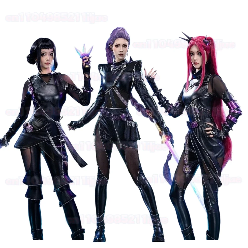 Perruque de Costume de Cosplay Kpop Demon Hunters Rumi, Costume de combat en cuir noir pour femmes adultes, manteau, pantalon, ceinture, gants, fête d'halloween