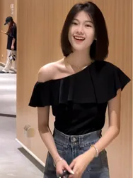 스윗 스타일 슬림핏 반팔 쉬폰 셔츠 원숄더 보우 헴 여성 여름 오프숄더 사선 숄더 탑