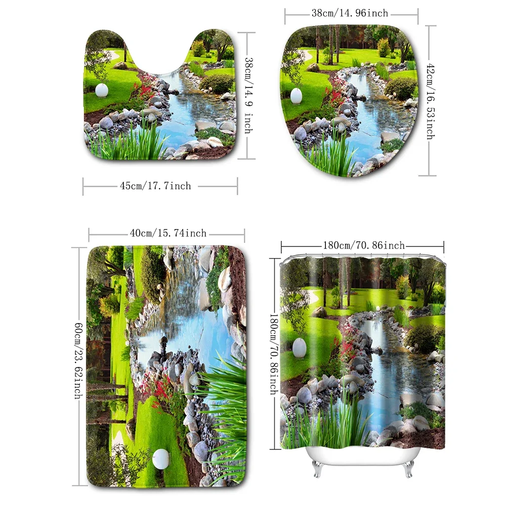 4-piece set of park creek river landscape printed waterproof shower curtain, with 12 hooks and bathroom floor mat