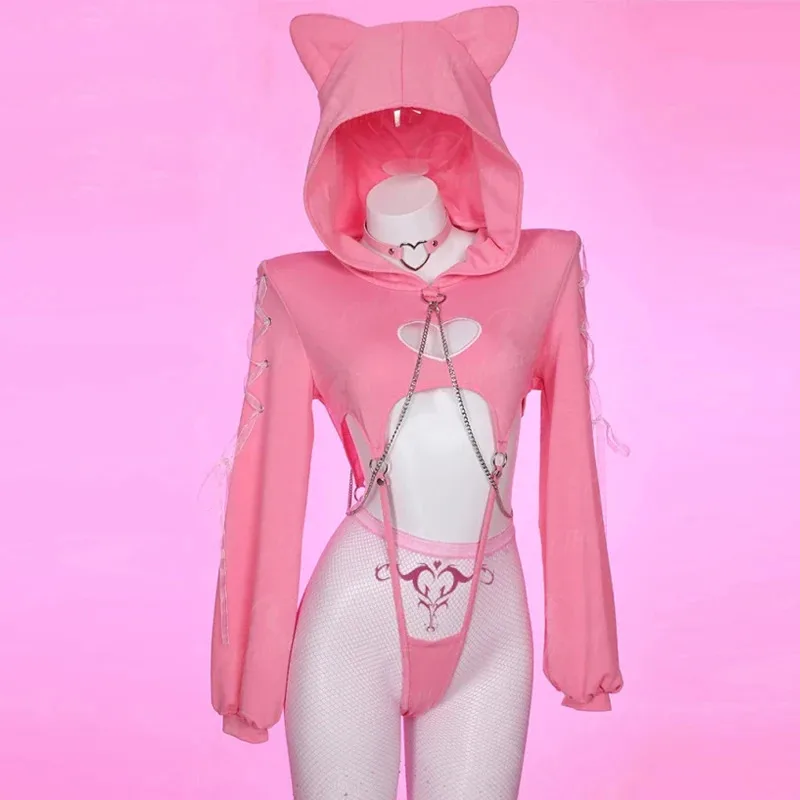 أنيمي Kawaii آذان القط تأثيري حلي المرأة مثير الجوف القلب هوديي ارتداءها مثير مجموعة البكيني فتاة الأرنب لطيف الملابس الداخلية هالوين