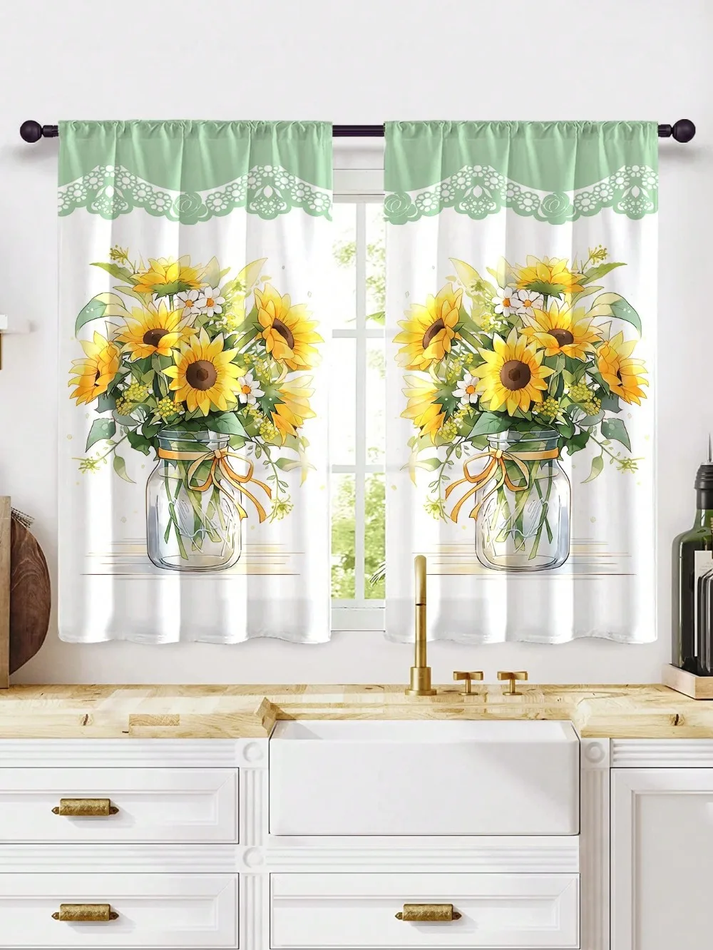 Sunflower Print Kitchen Window Curtain, Multi-Color, Decoration for Bedrooms, Study Rooms, Cafes, Living Rooms, New Fashion,2Pcs