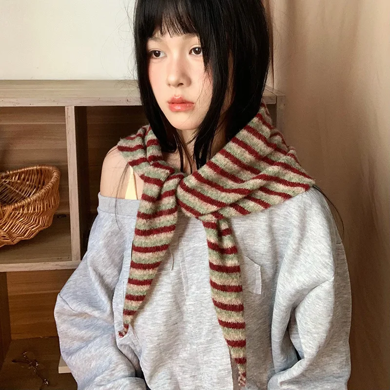 Striped Korean Ins Style Knitted Scarf Winter Ladies Japanese Wool Triangular Scarf Shawl Versatile Outdoor Jumper Accessories