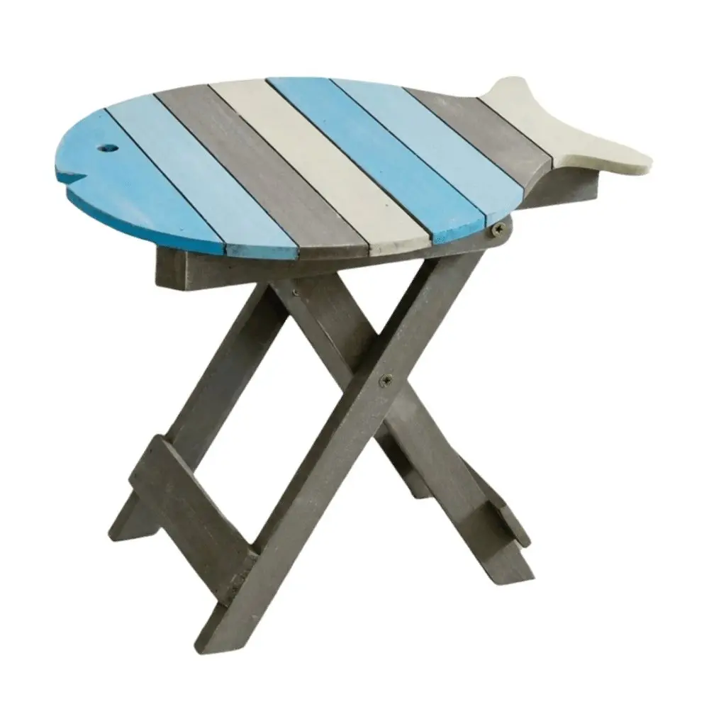 Distressed Solid Wood Folding Side Table Colorful Wooden Hand Painted Fish-Shaped Table Foldable Nautical Decorative Table