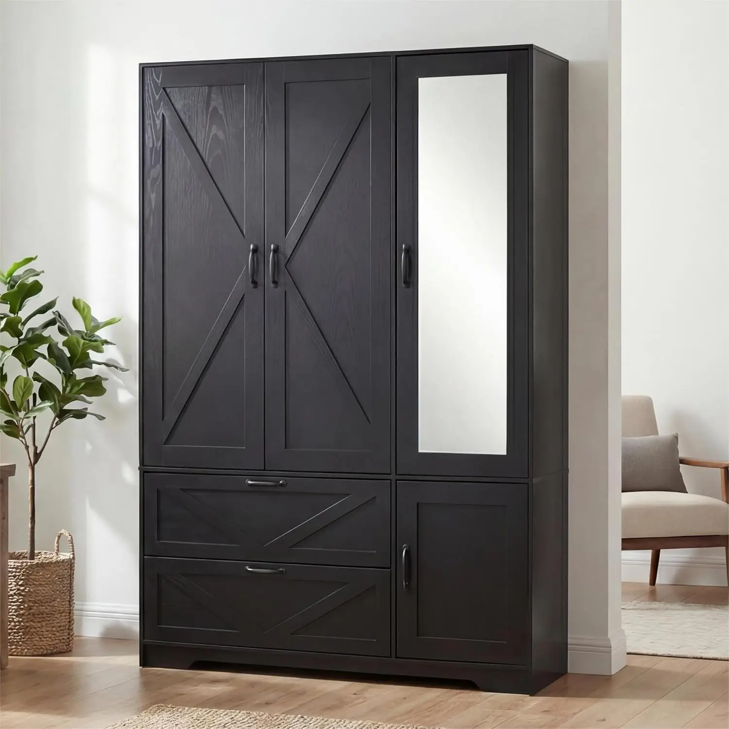 Armoire Wardrobe Closet with Drawers and Mirror, 72