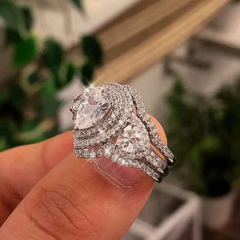 Huitan Gorgeous Pear Cubic Zirconia 3Pcs Set Rings Women for Wedding Engagement Party Luxury Trendy Silver Color Female Jewelry
