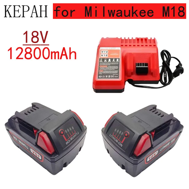 

For Milwaukee M18 Power Tool Battery,18V 12800mAh M18B5, Charger, BR, XC, Built-in 18650 48-11-1860 48-11-1850 48-11-1840