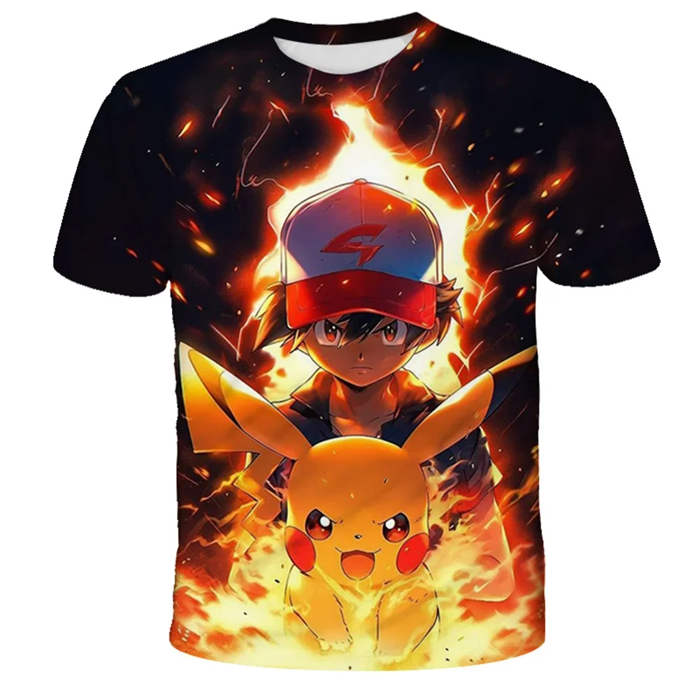 Kaus Gotik Y2K Harajuku Pikachu Jepang Anime Kaus Kasual Jalanan Mode 3D Pria Cosplay Monster Saku Kaus Permainan Anak-anak