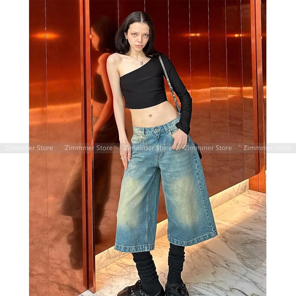 

Funky high street washed old vintage jeans women's seven-minute pants high-waisted loose boyfriend style denim straight pants