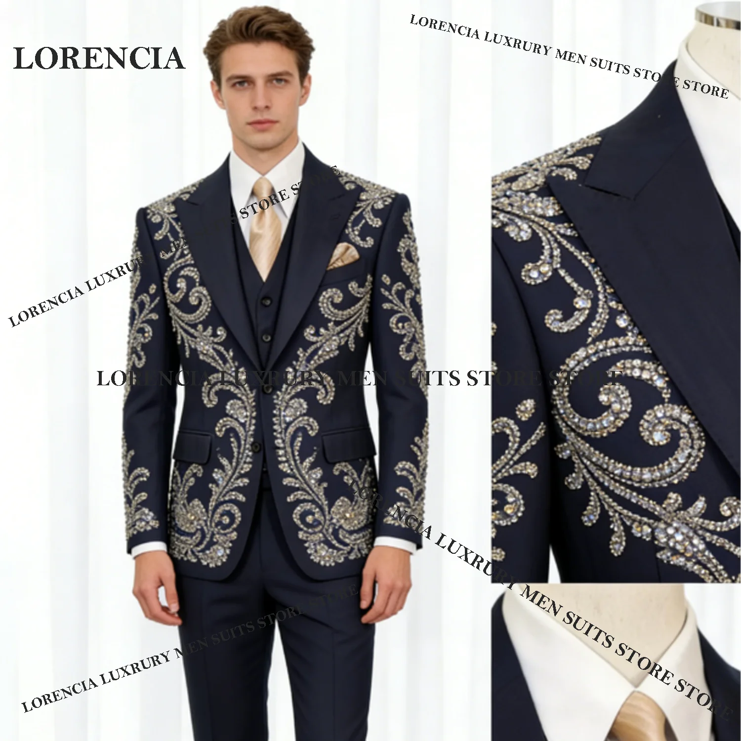 Exquisite Crystal Men suits For Wedding Groom Diamond Sequin Male Prom Party Customized Sparkly Blazer 3 Pieces Set Tuxedos Slim