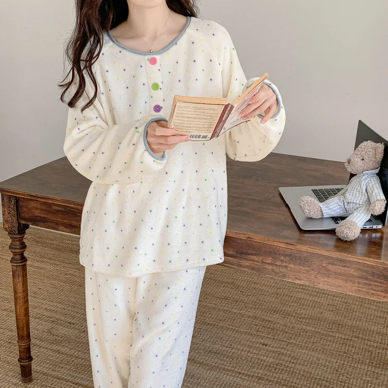 

Korean Version Homewear Coral Fleece Pajamas Women's Thicken Sleepwear Loungewear Girl's Round Neck Sleepcoat Two Pieces Suit