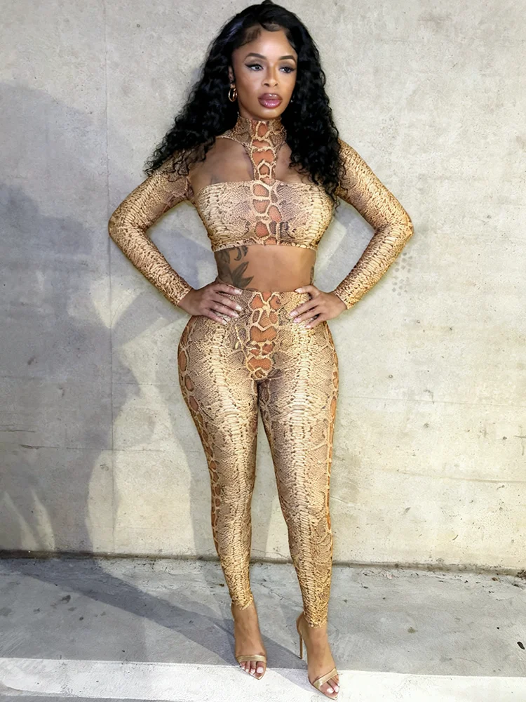 Leosoxs Hipster Snake Print Set da 2 pezzi Donna Hollow Backless Petto avvolto Crop Top + Leggings Sexy Stretch Clubwear Outfit
