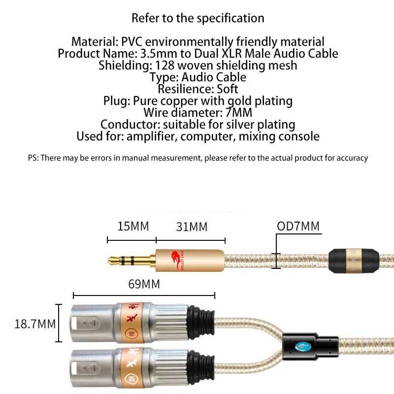 Hi-fi Jack 3.5mm to Dual XLR Male Audio Cable for PC Phone Mixer Amplifier 1/8 Inch 3.5 to XLR Adapter Y Splitter Shielded Cords