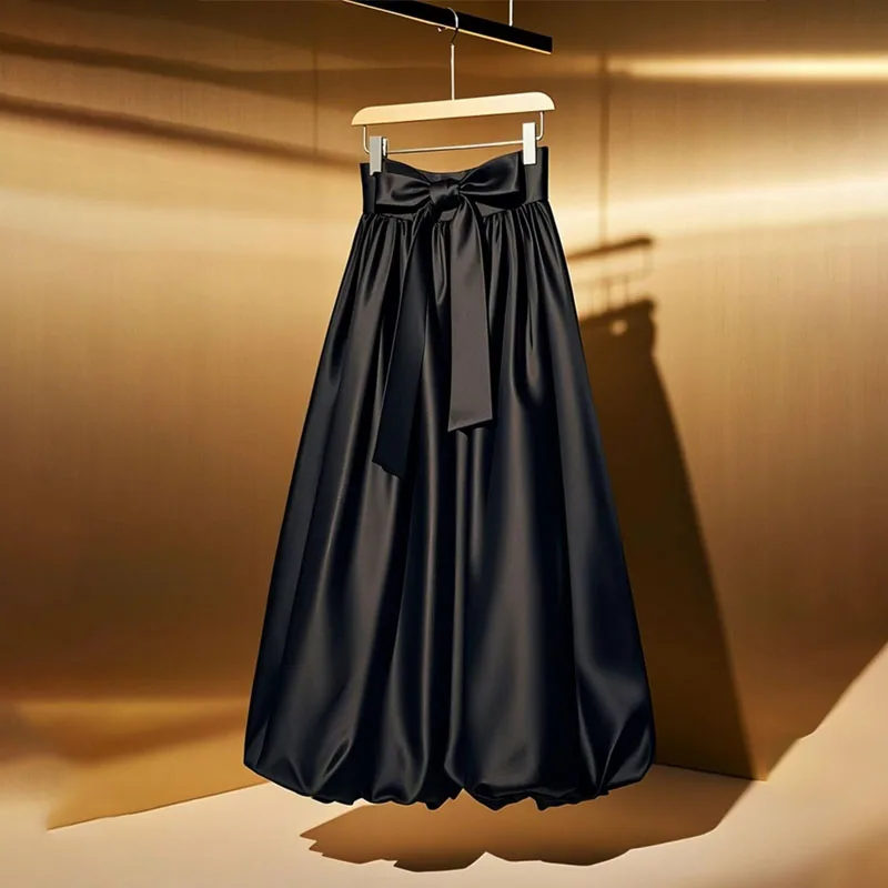 

Французская элегантная атласная юбка с высокой талией и бантом
