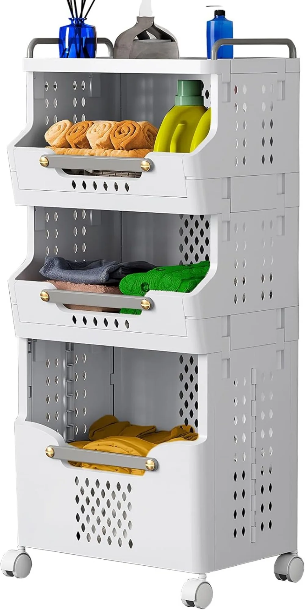 

Laundry Basket with Wheels Rolling Folding ,Stackable Storage Bins Open Front Plastic Laundry Room Organization