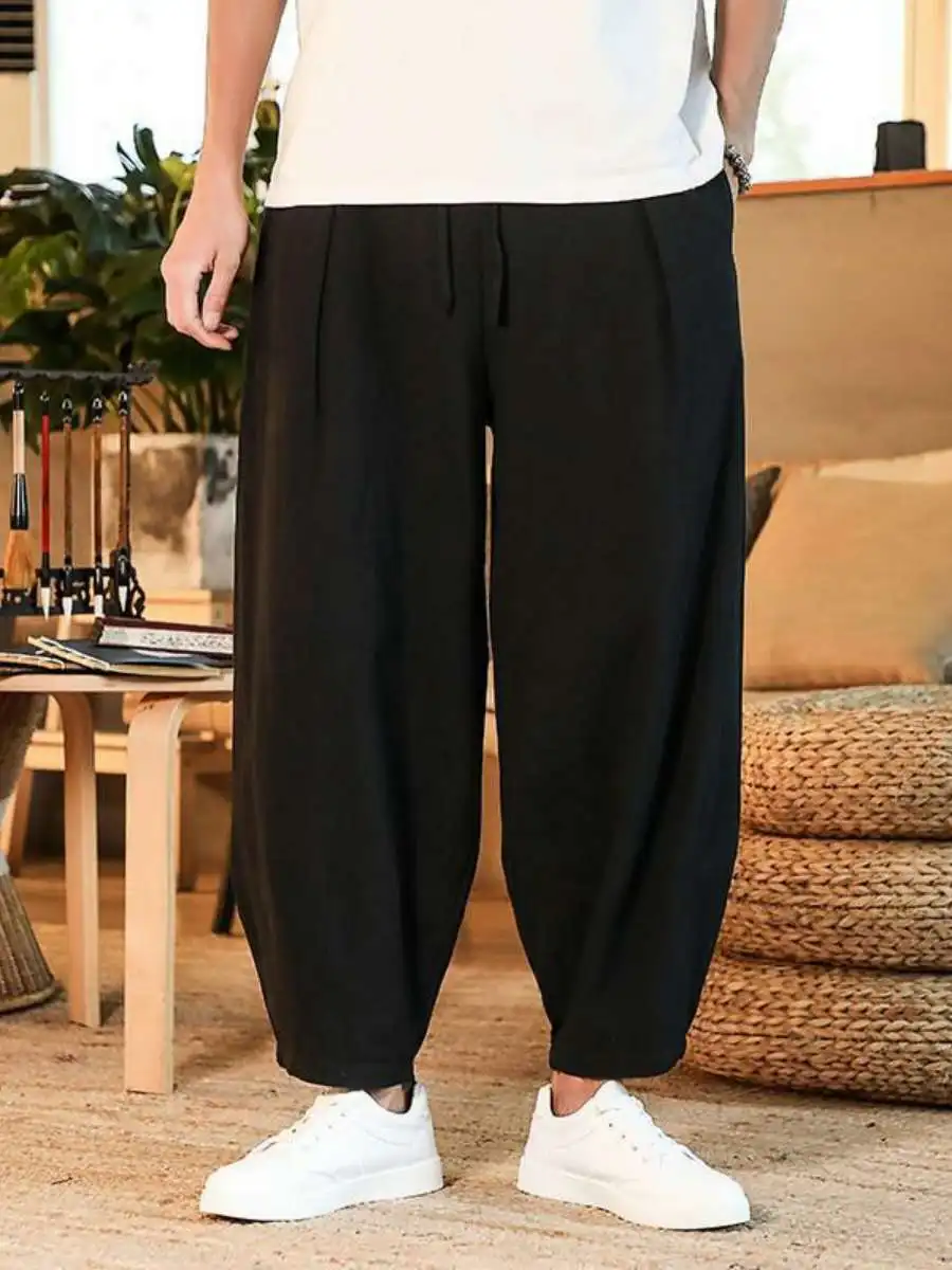 Loose Cotton Linen Men's Harlan Pants Wide Leg Lantern Style Summer Casual Wear Big Size Comfortable Breathable Male Pants