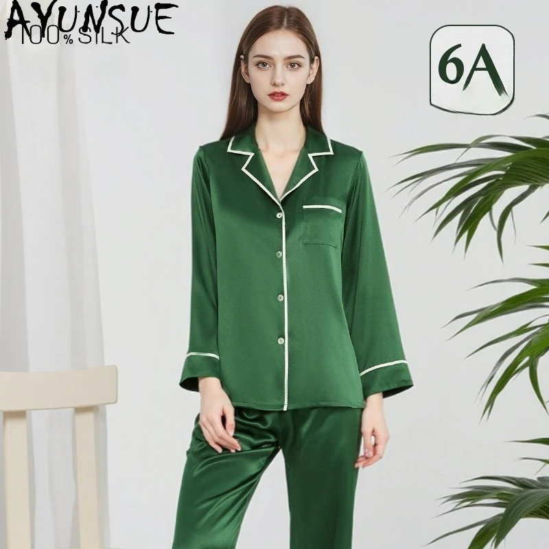 

AYUNSUE 100% Mulberry Silk Pajama Sets Sleepwear Women Clothes Summer 19Mm Silk Casual Pants Long Sleeve Tops Пижама Женская