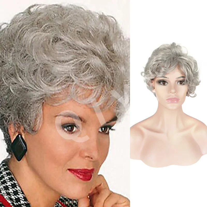 Stage gray wig for elderly women, short curly silver-white hair, performance prop, old lady headpiece