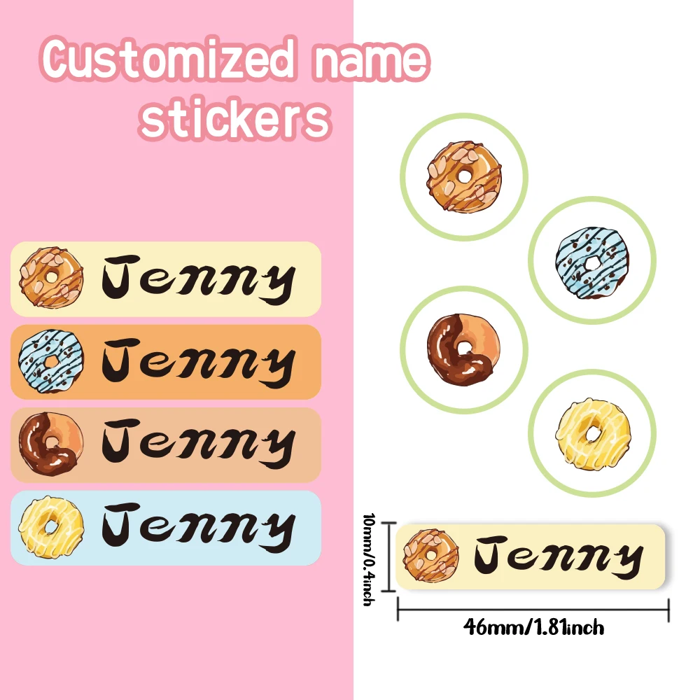 Custom Doughnut Name Sticker,Transparent Waterproof Stickers for Kids,diy Name Labels for School Bag Bottles Pen Box Mug Uniform
