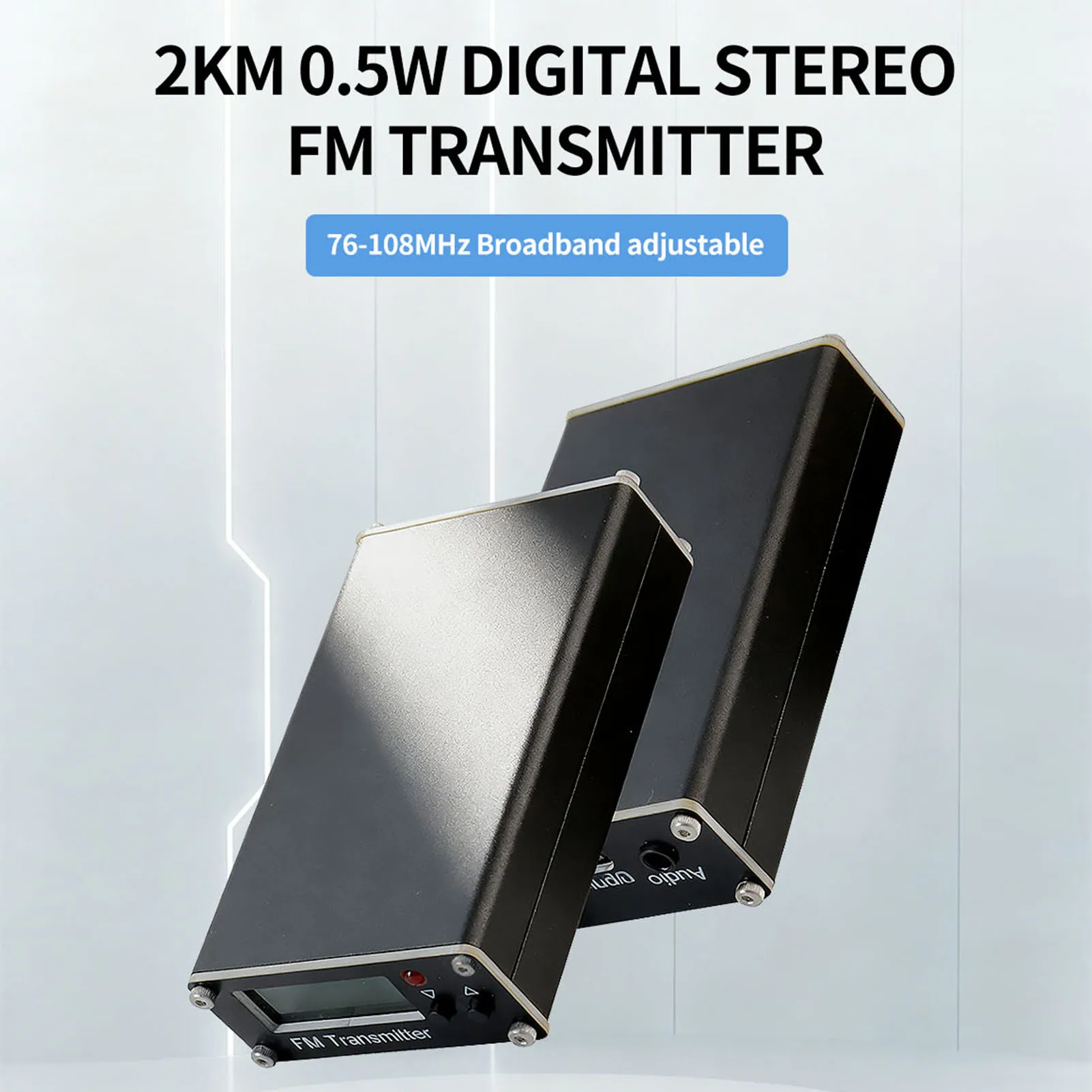 FM Transmitter 0.5W Digital Display Stereo FM Radio Broadcaster 76-108MHz Adjustable Frequency 2000m Range Compact Portable