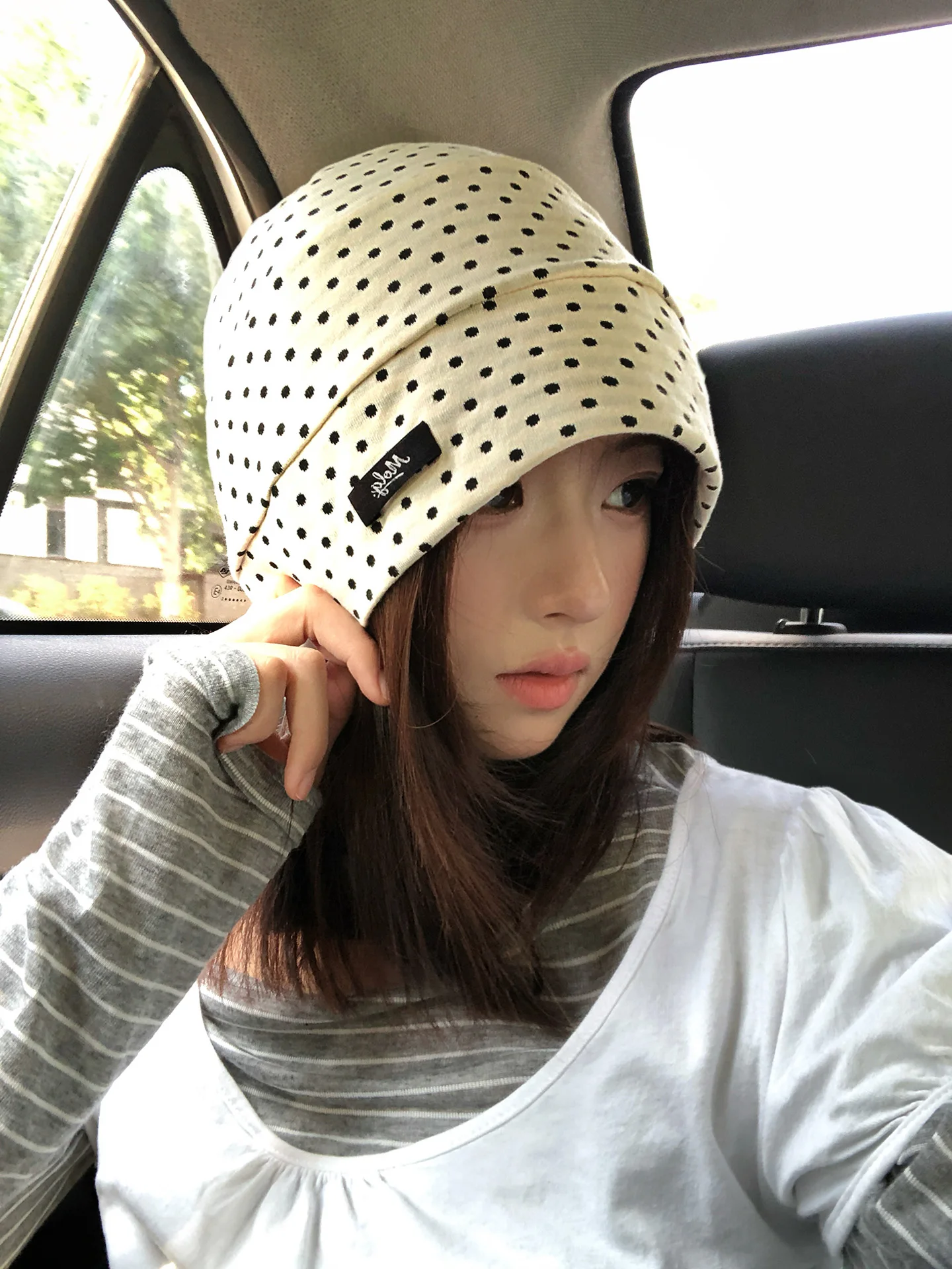 Korean Style Polka Dot Women's Thin Versatile Face Slimming Cold Cap Large Head Size Fashionable Tassel Hat Spring Summer Casual