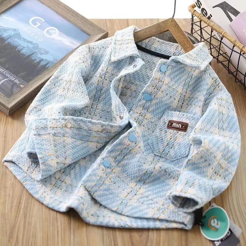 Boys\' Checkered Shirt Children\'s Thin Jacket 2024 Spring and Autumn New Boys\' Fashionable Lapel Long Sleeved Shirt