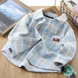 Boys' Checkered Shirt Children's Thin Jacket 2024 Spring and Autumn New Boys' Fashionable Lapel Long Sleeved Shirt