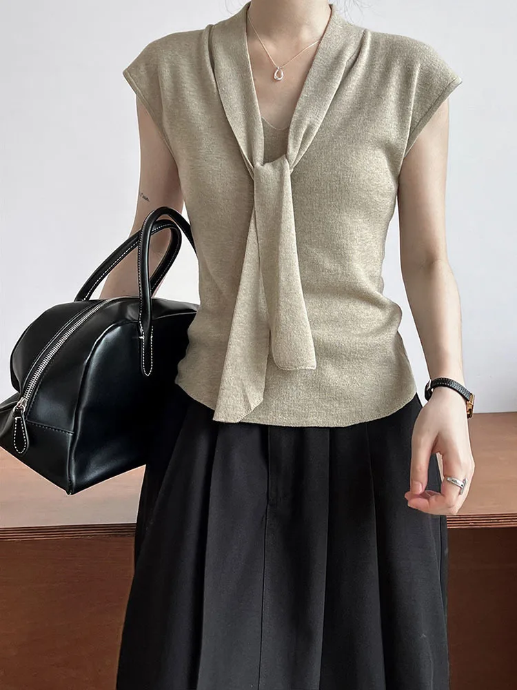 [EAM] Beige Black Elegant Knitting Sweater V-Neck Short Sleeve Women Pullovers New Fashion Tide Spring Summer 2024 1DH6837