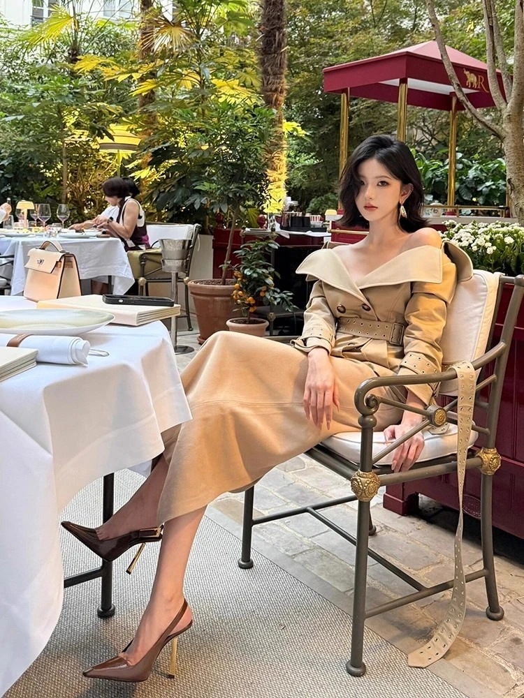 المرأة الأنيقة قطعتين مجموعة سيدة غير النظامية مثير رفض طوق مزدوجة الصدر الدانتيل متابعة سليم خندق سترة + تنورة دعوى أبلى