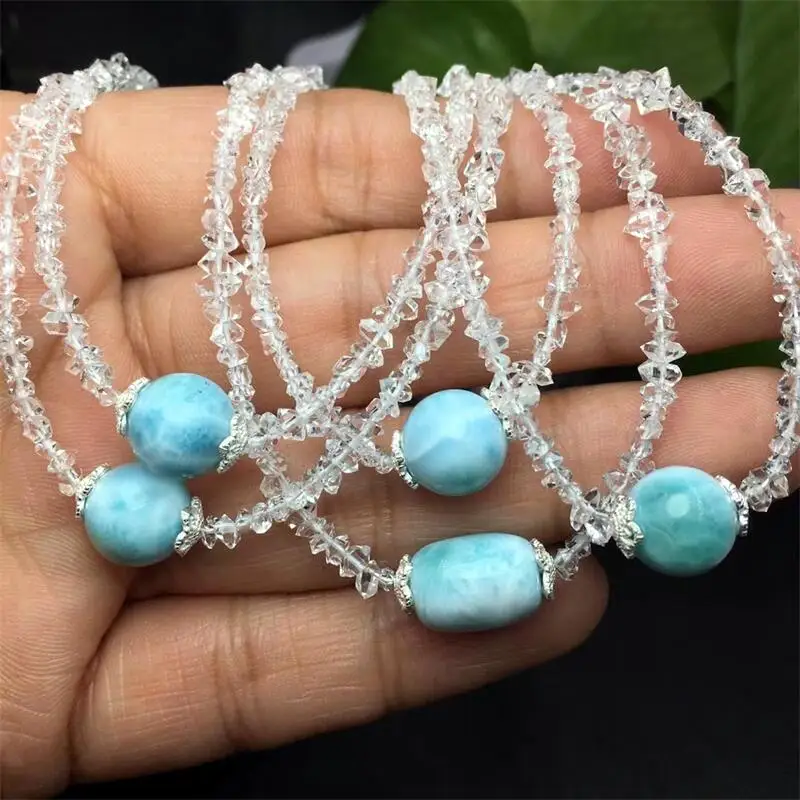 Natural Herkimer Diamond Chain And Larimar Bead Necklace Reiki Healing Energy Gemstones High Quality Jewelry For Man Women Gift