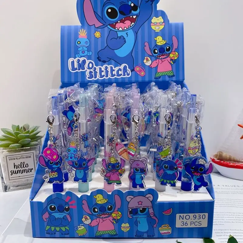 6-36pcs Cartoon Disney Stitch Pendant Press Gel Pen Student Writing Pen 0.5mm Black Gel Pen Stationery Wholesale
